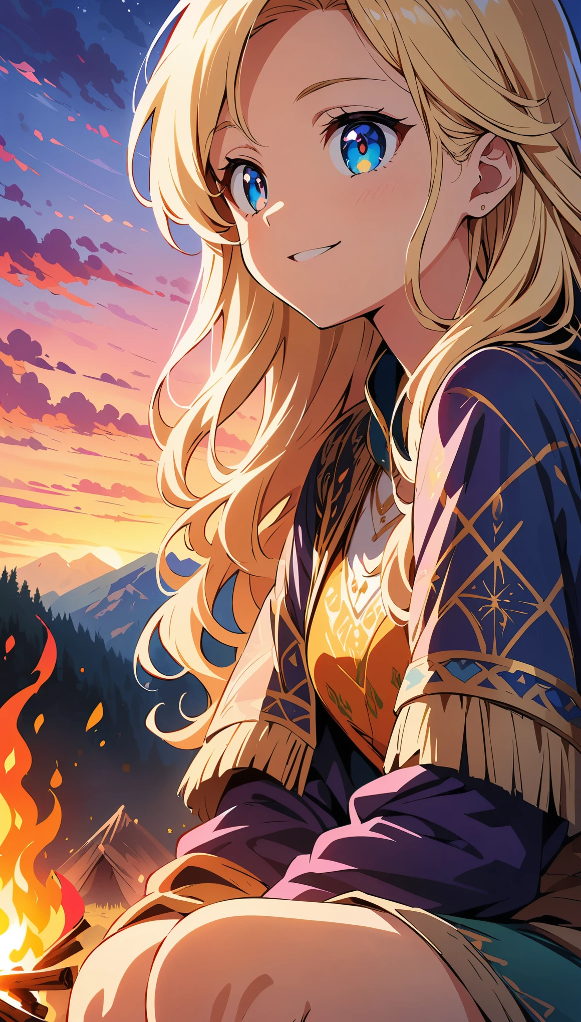 (Anime artwork, Anime Style, Studio Anime, Very detailed, up to date, Vibrant, Anime Coloring, High Contrast, masterpiece:1.2, Best Quality, Best aesthetics), ((campfire)), 1 Female, ((Female warrior camping overnight, Camp)), A female warrior from a faraway land, adorned in ornate armour, Digital Painting Illustration, flowing beautiful hair, Intricate patterns on armor, Kind expression, ((Sit in front of the bonfire)), vivid sunset (Color Palette:Rich Gold, Deep purple, Vibrant Blue), Warm golden sunset light casting dramatic shadows, Close-up shot, Detailed eyes, Detailed face,