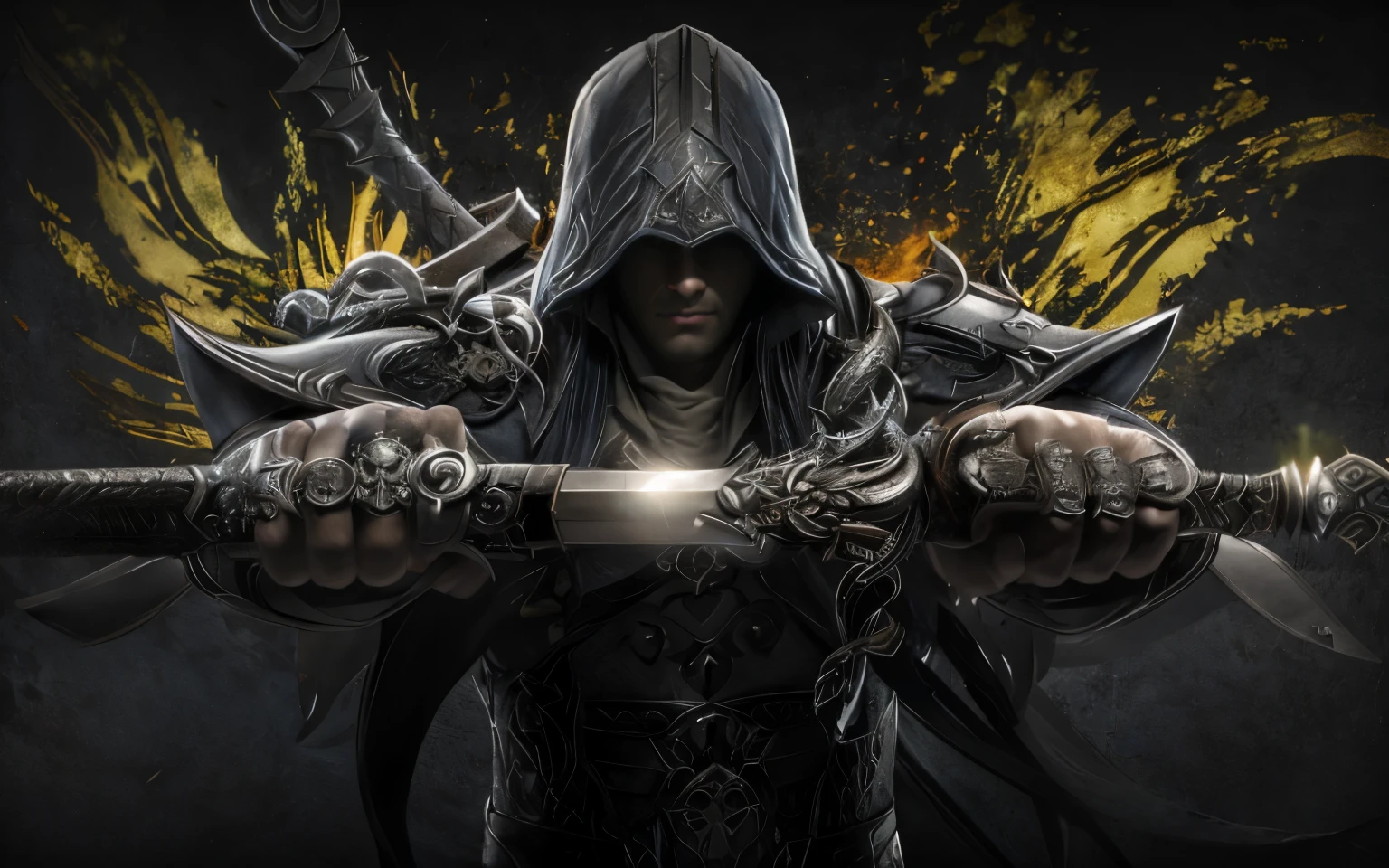 arafed image of a man with a sword in his hand, game key art, guildwar artwork, cover game art, elden ring official, assasin, dark but detailed digital art, corvo attano, assassin's creed, detailed game art illustration, assassin, elden ring art, game art, detailed game art, ultra detailed game art