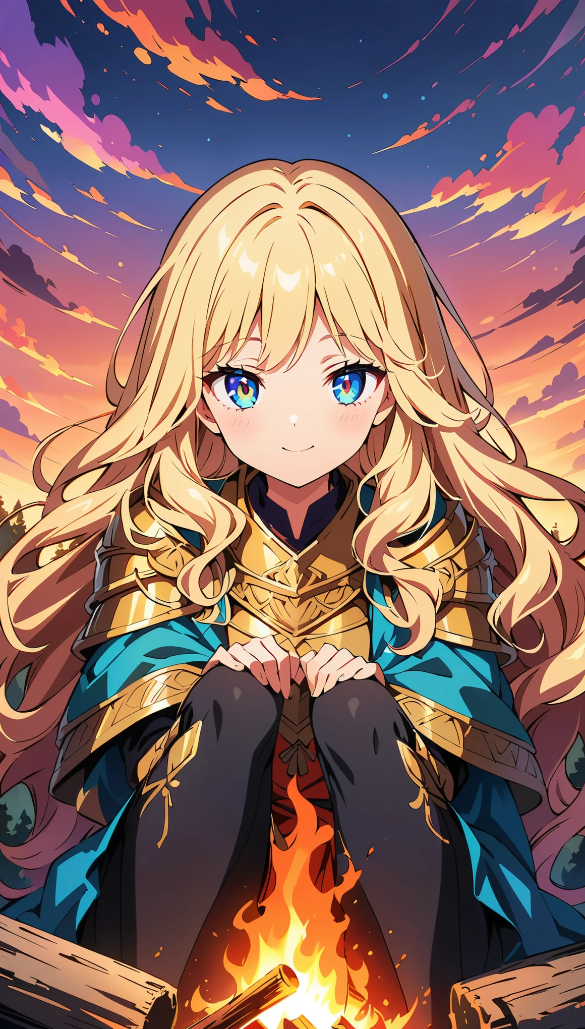 (Anime artwork, Anime Style, Studio Anime, Very detailed, up to date, Vibrant, Anime Coloring, High Contrast, masterpiece:1.2, Best Quality, Best aesthetics), ((campfire)), 1 Female, ((Female warrior camping overnight, Camp)), A female warrior from a faraway land, adorned in ornate armour, Digital Painting Illustration, flowing beautiful hair, Intricate patterns on armor, Kind expression, ((Sit in front of the bonfire)), vivid sunset (Color Palette:Rich Gold, Deep purple, Vibrant Blue), Warm golden sunset light casting dramatic shadows, Close-up shot, Detailed eyes, Detailed face,