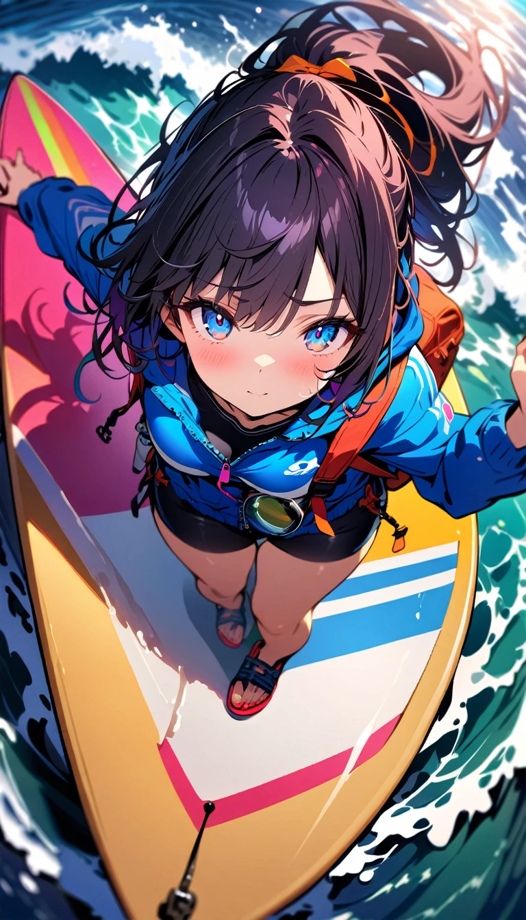 (masterpiece, best quality), (colorful:1.4), from above, solo, 1girl standing on a surfboard in the midst of crashing waves and a bag of surfing essentials, depth of field, fisheye lens