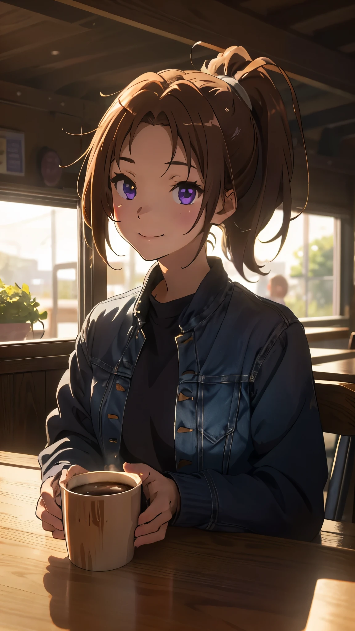 Jacket, (tableトップ), (highest quality),One Girl, nice, (Perfect Face), Sitting,comfortable, Calm, peace, Happy, smile, Expressive eyes, cute, wood, table,  nature, ponytail, Purple eyes, coffee shop, Trace Light,Modern, Backlight, bright, colorful