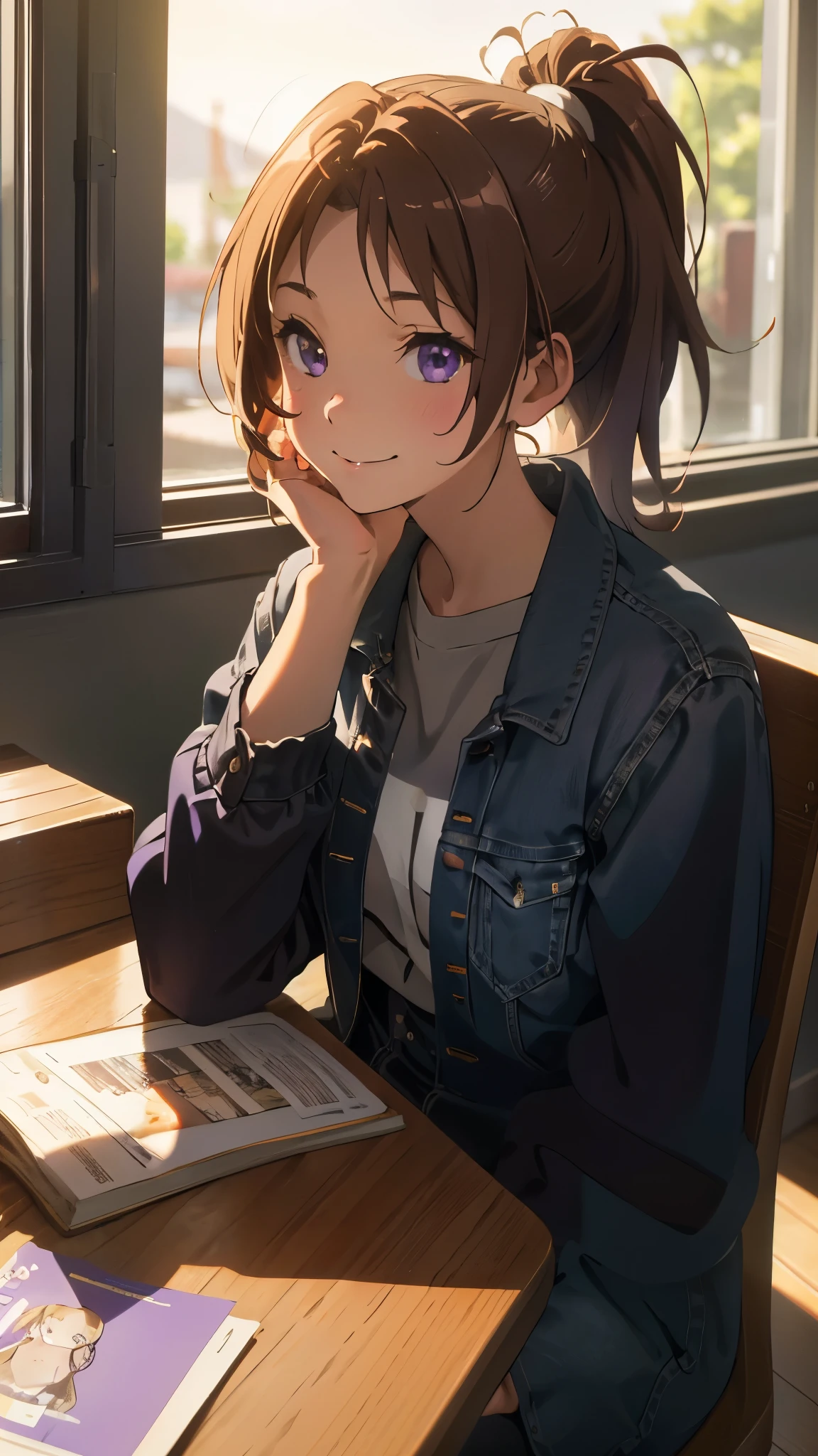 Jacket, (tableトップ), (highest quality),One Girl, nice, (Perfect Face), Sitting,comfortable, Calm, peace, Happy, smile, Expressive eyes, cute, wood, table,  nature, ponytail, Purple eyes, coffee shop, Trace Light,Modern, Backlight, bright, colorful