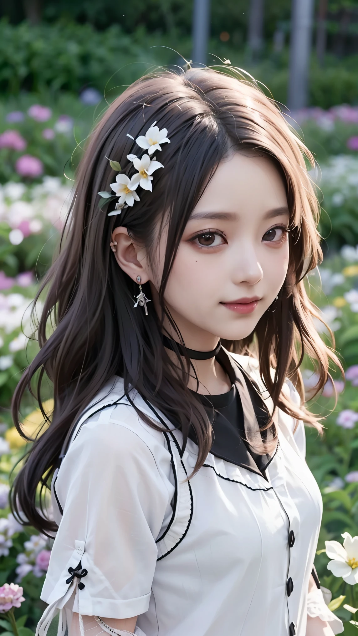 Realistic, masterpiece, highest quality, Highest Resolution, one Japanese high school girl, 16 years old, Upper body photo, She narrows her eyes and looks at me with a shy smile and a smile, Laughing with mouth open, Beautiful and detailed eye drawing, (droopy eyes:1.3), Dark Eyes, Thin eyebrows, Carefully draw eyelashes, Eyelash extensions, Gal Makeup, Orange teak,  (White brown wavy hair with white mesh, long hair, middle part:1.3), (hidden creased eyelids:1.3), (Gothic school uniform:1.2), (The subject was photographed from above at an angle:1.3), (Flower Field:1.3), (Standing up and trying to grab the audience:1.5)