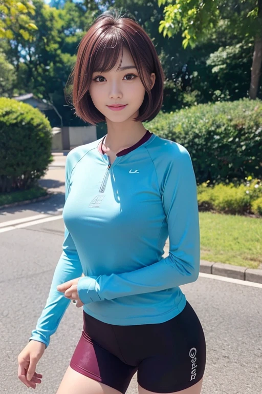 cute japanese college student、21 years old、Super detailed face、Attention to detail、double eyelid、Beautiful thin nose、Sharp focus:1.2、Beautiful woman:1.4、(Maroon brown hair、Short Hair)、(Detailed facial features)、Brunette eyes、natural bangs、White skin、highest quality、masterpiece、超A high resolution、(Photorealistic:1.4)、Highly detailed and professionally lit smile、looking at the camera、Medium Bob Hair、Bright lighting、Professional Lighting、Smooth lighting、One person is standing、(Blue tight long sleeve cycling jersey), Black shorts、(Outdoor)、Along the national highway