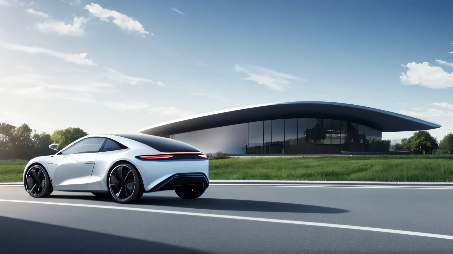 Background image of automotive product rendering,Open space,In the distance is a car being charged,Charging pile,The background is a futuristic technological building with a sense of lines,Atmospheric architecture,Ground accounts for three-quarters,Blue skies and white clouds occupy a quarter of the picture,There is light in the sky,Light style,There is light on the wall