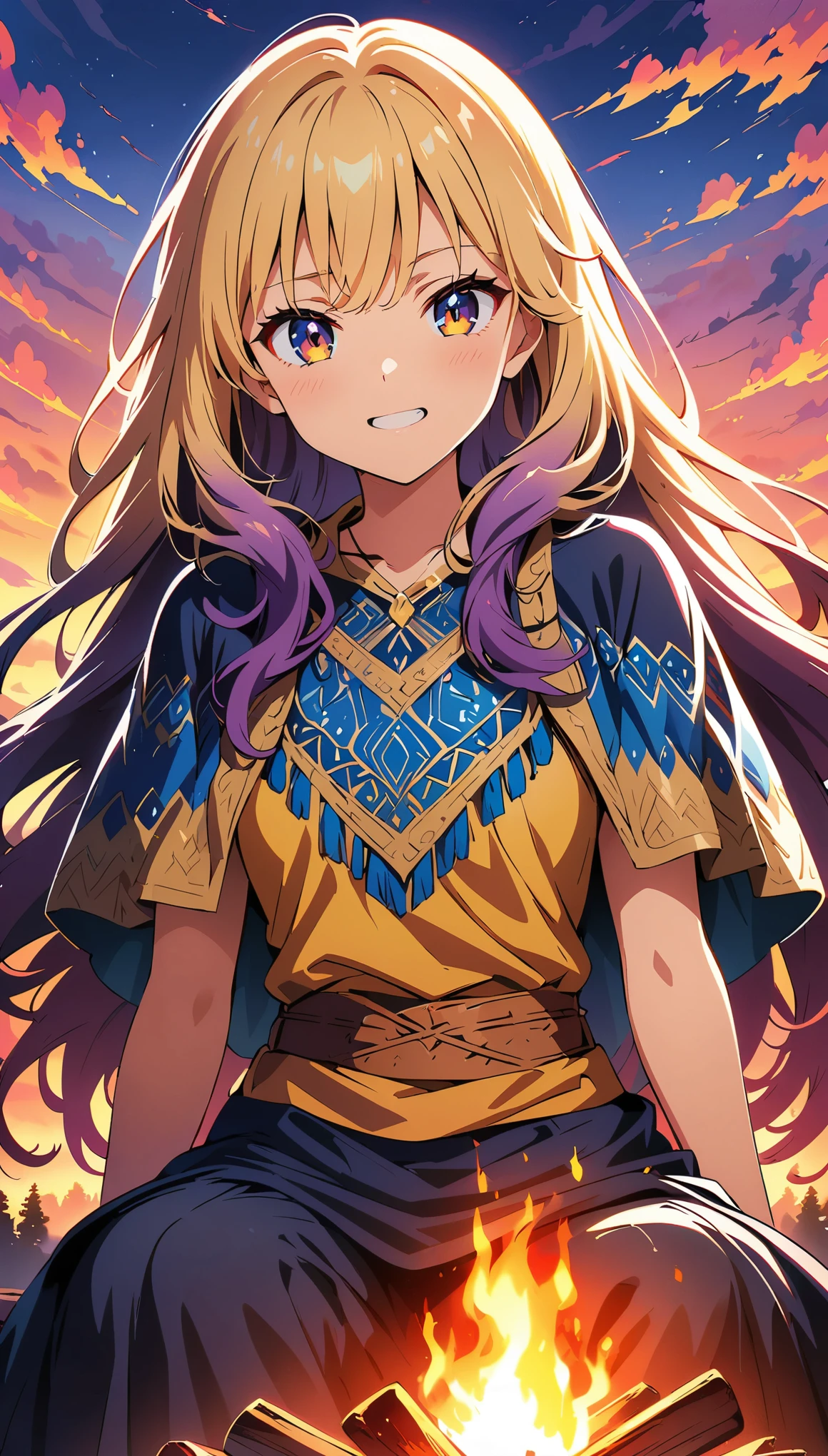 (Anime artwork, Anime Style, Studio Anime, Very detailed, up to date, Vibrant, Anime Coloring, High Contrast, masterpiece:1.2, Best Quality, Best aesthetics), ((campfire)), 1 Female, ((Female warrior camping overnight, Camp)), A female warrior from a faraway land, adorned in ornate armour, Digital Painting Illustration, flowing beautiful hair, Intricate patterns on armor, Intense expression, knife, ((Sit in front of the bonfire)), vivid sunset (Color Palette:Rich Gold, Deep purple, Vibrant Blue), Warm golden sunset light casting dramatic shadows, Close-up shot, Detailed eyes, Detailed face,