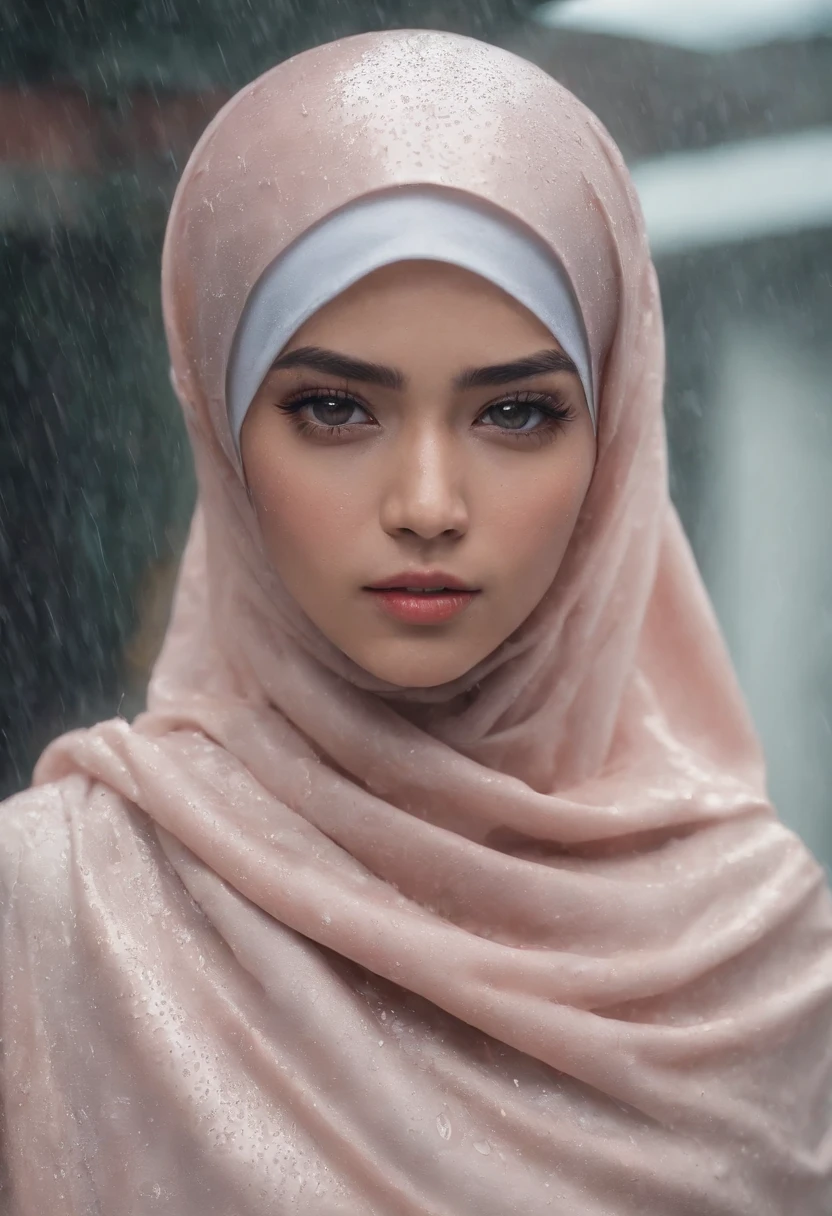 Generate a cinematic still of a Malay girl in hijab caught in a gentle rain shower, in front of vintage building, Focus on capturing the emotion in her eyes as she navigates the rain-soaked streets, creating a scene reminiscent of a romantic film,style raw, pastel color grading, Super 8mm lense, Extreme close-up, Deep Focus cinematography effect, high quality, ultra detail, 8k resolution,