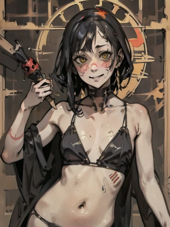 (masterpiece: 1.2, highest quality),((Sunburned skin))、 nightmare, doll-like face, Manga style, rough sketch, Horror elements 、Unique atmosphere、Colorful devil clown, Japanese painting, creepy appearance, Characteristic hairstyle,Cyberpunk Outfit、look up