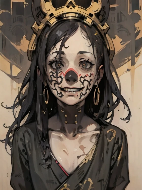 ((Background made up of chains and flowers))、scribble, nightmare, doll-like face, Manga style, rough sketch, Horror elements, (masterpiece), (High resolution), (Very delicate), (clear), Manga style illustration,Japanese painting, (spooky), crazy illustration, Flat Illustration, spooky外観, (Mr.々Colored hairstyles), Unique atmosphere、Small eyes、(Flat Chest), ((Muddy hair)),chain wrapped around body、((Creepy Tattoos))、Holding a balloon,Skin full of stitches,restrained by thick chains、(Colorful clown costumes)、Bold Pose