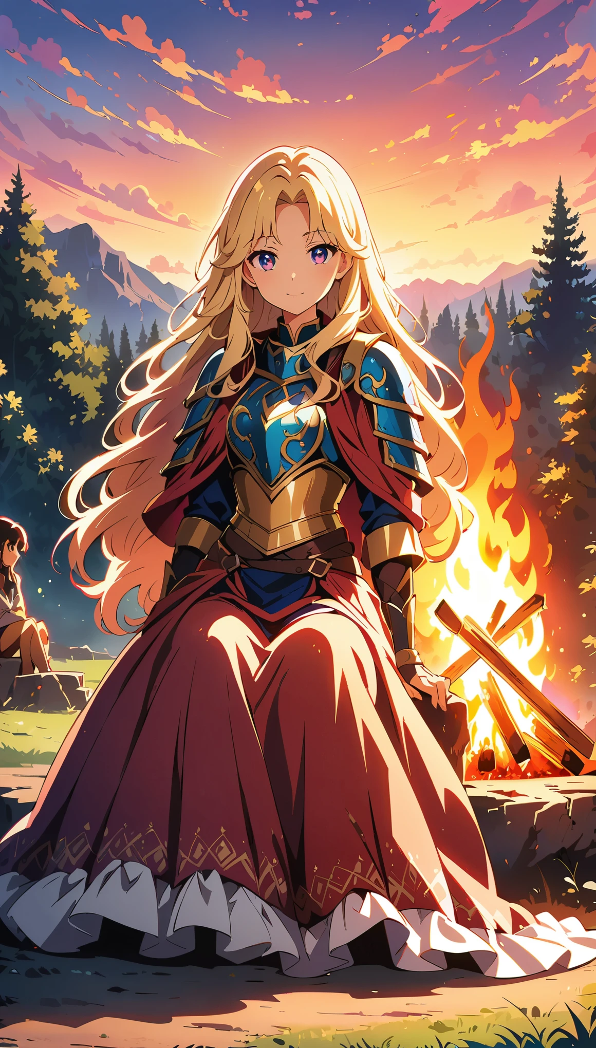 (Anime artwork, Anime Style, Studio Anime, Very detailed, up to date, Vibrant, Anime Coloring, High Contrast, masterpiece:1.2, Best Quality, Best aesthetics), ((campfire)), 1 Female, Female warrior camping overnight, A female warrior from a faraway land, adorned in ornate armour, Digital Painting Illustration, flowing beautiful hair, Intricate patterns on armor, Intense expression, knife, ((Sit in front of the bonfire)), vivid sunset (Color Palette:Rich Gold, Deep purple, Vibrant Blue), Warm golden sunset light casting dramatic shadows, Close-up shot, Detailed eyes, Detailed face,
