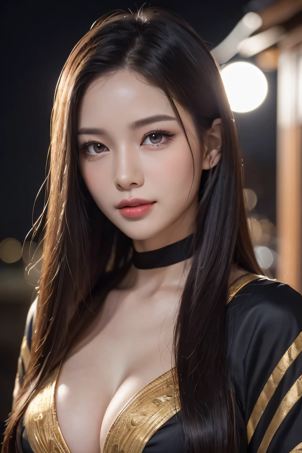 Beautiful woman in kimono,body portrait、8k,fine and beautiful eyes,Dindal effect、masterpiece, 最high quality, high quality, High resolution、very detailed photos、(natural skin texture、fine skin、hyper realism、Super sharpness)、high detail skin、(very detailed、fine skin texture、intricate details、beautiful face、(lifelike face)、realistic eyes、beautiful and detailed eyes、real looking skin、beautiful skin、surreal、very detailed、golden ratio、with smiling eyes、((night moonlight background))、body portrait、shiny bodysuit、Take a picture of the whole body