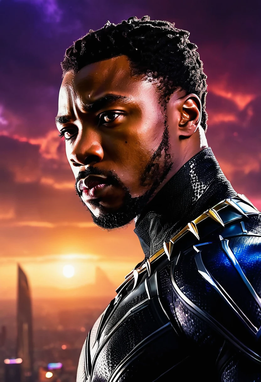 Stylized portrait of King T'Challa in Black Panther suit against Wakanda city skyline, with dramatic lighting and a futuristic look