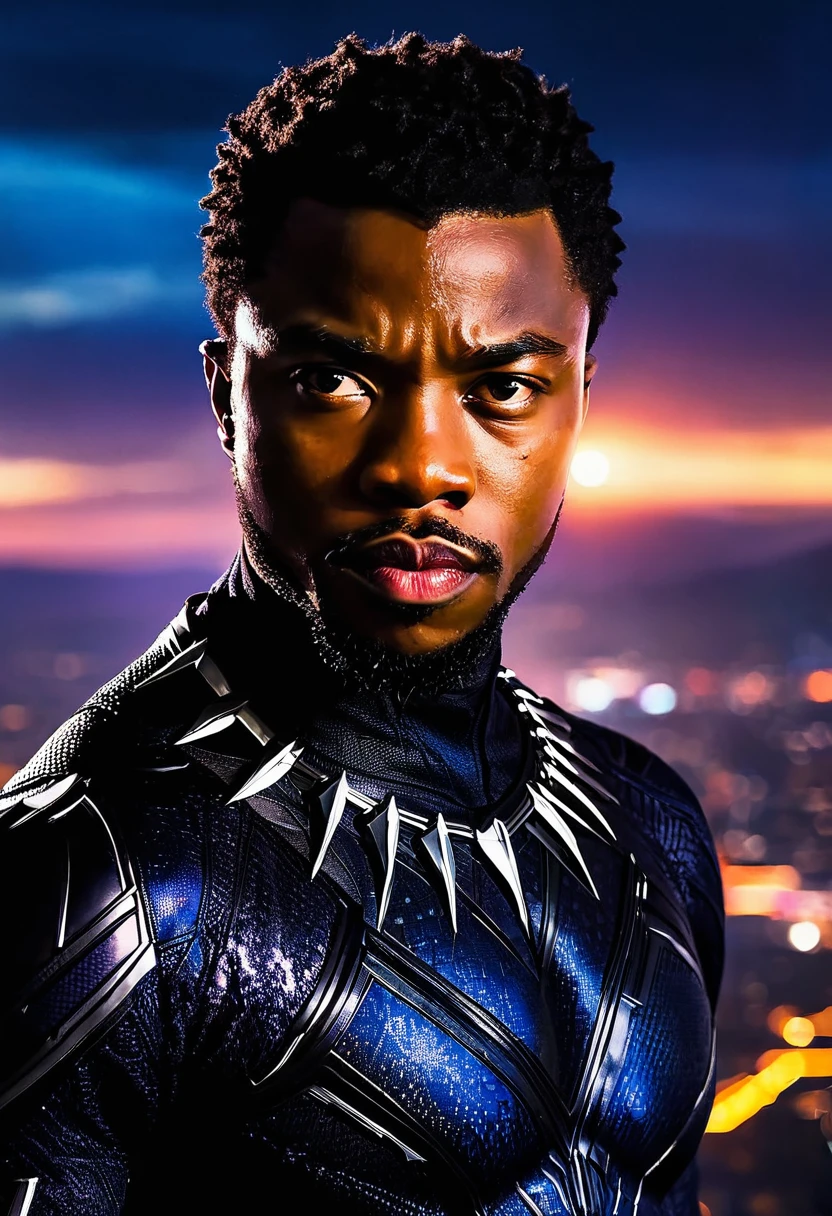 Stylized portrait of King T'Challa in Black Panther suit against Wakanda city skyline, with dramatic lighting and a futuristic look