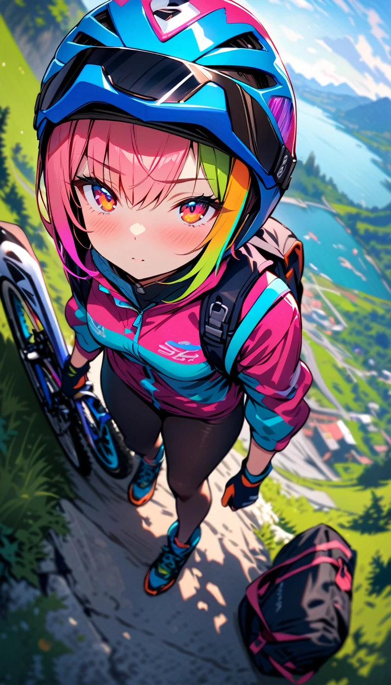 (masterpiece, best quality), (colorful:1.4), from above, solo, 1girl standing on a steep slope with a mountain bike and a bag of biking gear, depth of field, fisheye lens