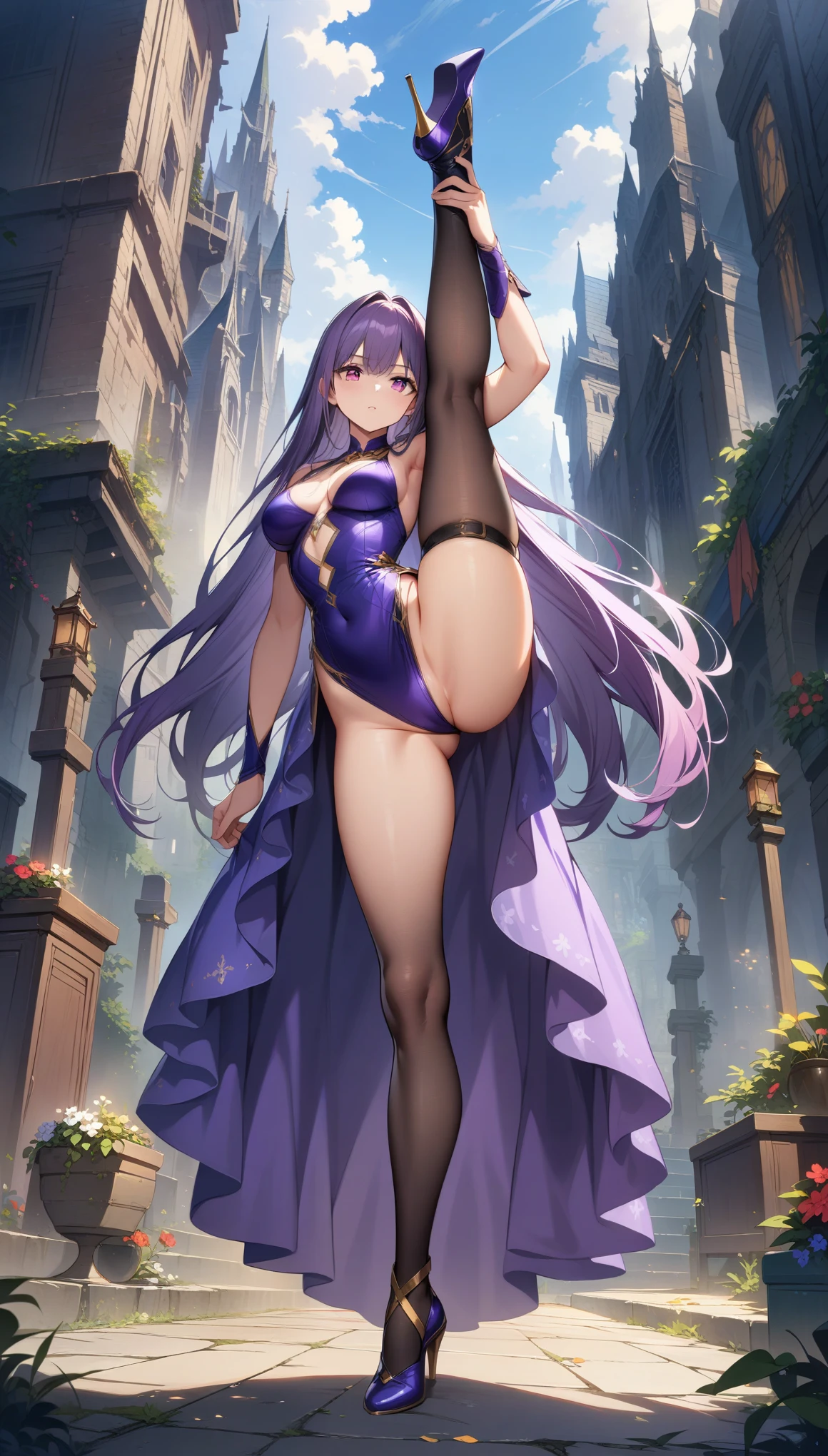 32k, best quality, ultra high res, HDR, UHD, extremely detailed CG, unity 32k wallpaper, (masterpiece, highest quality:1.2), 1 Girl, alone,Are standing_Split, Long Hair, Purple Hair, purple dress,