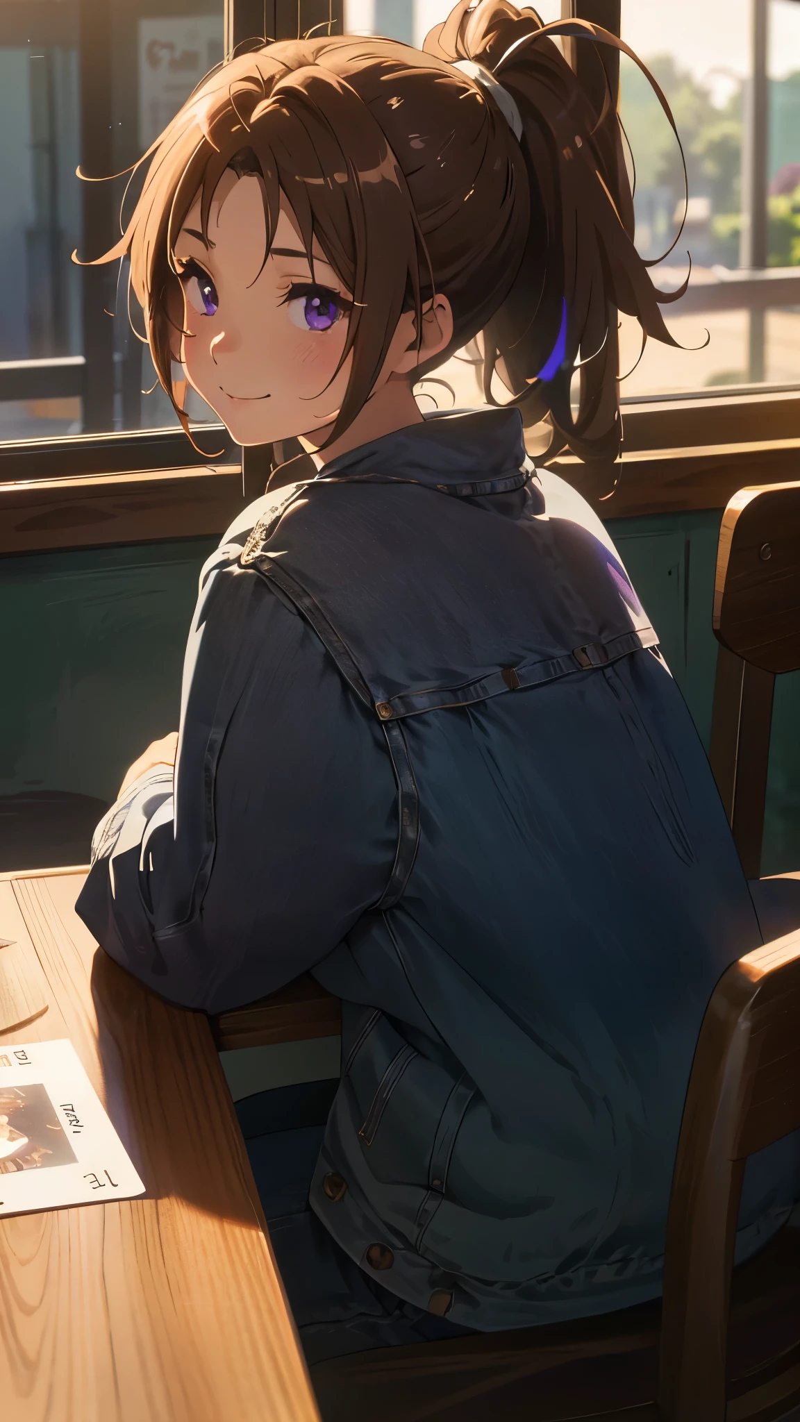 Jacket, (tableトップ), (highest quality),One Girl, nice, (Perfect Face), Sitting,comfortable, Calm, From the side, Happy, smile, Expressive eyes, cute, wood, table,  nature, ponytail, Purple eyes, coffee shop, Trace Light,Modern, Backlight, bright, colorful