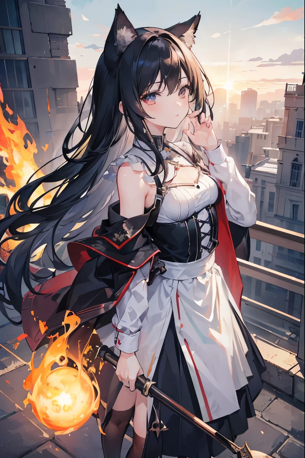 {{masterpiece}}, best quality, Extremely detailed CG unified 8k wallpaper，Black-haired girl with cat ears，Stand on the roof，Facing the sun，Hair flowing in the wind，There is a small ball of flame at the fingertips
