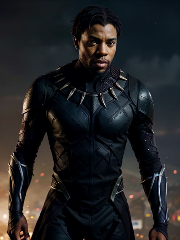 A stylized portrait of King T'Challa in Black Panther suit against a Wakanda city skyline, with dramatic lighting and a futuristic look