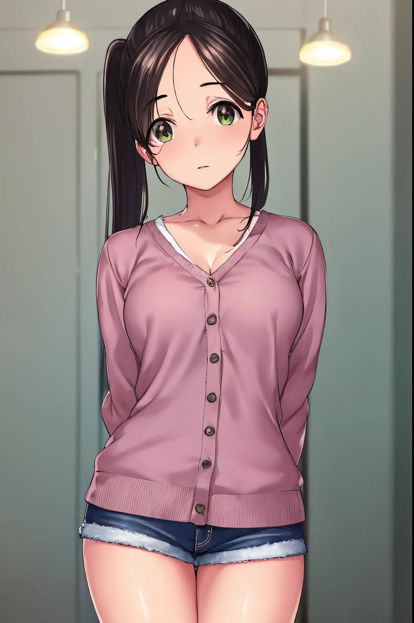 akaneyoshizawa, akane yoshizawa, black hair, ponytail, (green eyes:1.5), swept bangs, long hair,
BREAK wearing (pink bra), cardigan, short shorts,
BREAK indoors, classroom,
BREAK looking at viewer, (cowboy shot:1.5),standing, leaning forward, arms behind back
BREAK (masterpiece:1.2), best quality, high resolution,NSFW ,unity 8k wallpaper, (illustration:0.8), (beautiful detailed eyes:1.6), extremely detailed face, perfect lighting, extremely detailed CG, (perfect hands, perfect anatomy),