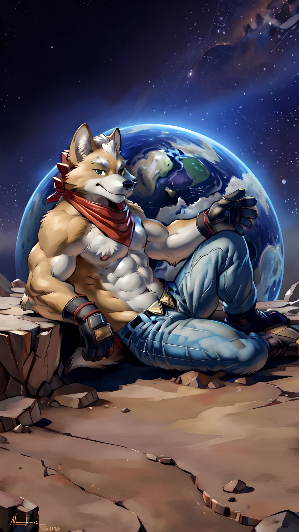 fox mccloud, 4k, high resolution, best quality, detailed, posted on e621, solo, anthro body, male, avarage build, (planet, space background, stars:1.1), correct anatomy), sexy pose, posing, suggestive, strong lighting, (by wfa, by takemoto arashi, by meesh, by Taran Fiddler), fox tail, detailed eyes, belt, jeans, bare chest, bare feet, full body, red scarf, gloves, leaning