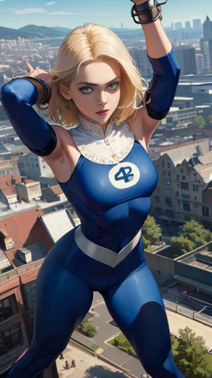 (Highly quality, masterpiece, detailed), city detailed scenario, city detailed background, 1girl, ((tied on a X platform:1.1)), with cuffs, Susan Storm in X position, blue eyes, blonde hair, full body blue bodysuit, sleeves, perfect face, beautiful eyes, looking at the viewer