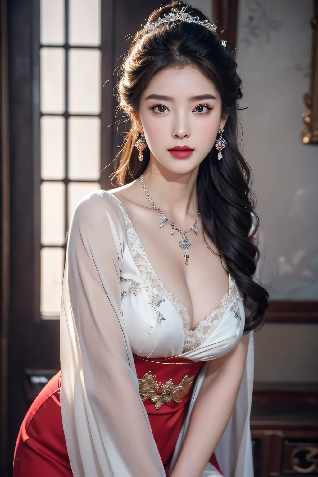 High-quality work,Realistic works,Super premium graphics,8K HD CG works,high quality graphics,High-definition and exquisite CG works,10x pixels,Ultra-fine details:1.1,Advanced technical details:1.1Realistic photo effects,Interior lighting effects:1.5,natural soft light:1.5. Light effect(Virtual light effects:1.8),ultra high resolution,shining dress,sliver long hair,silber hair,transparenthair,high detailed hair(Quality hair details:1.1)Clear eyes,Double eyelids look good,Sharp eye makeup, Create exquisite eyelash makeup, tthin eyebrows, Ultra-detailed eyes,a tall nose, lovely red lips, rosey cheeks, With delicate makeup on her face , pretty face, The face shape is perfectly proportioned,(Advanced facial details:1.1)cheshire cosplay costume, cosplay, dress, chinese clothes, thighhighs, fur capelet, hair ornament, red high heels, ((knee shot)), 8k, masterpiece, original photo, best quality, detail:1.2), ((Shot at random angles)), lifelike, Extremely detailed CG unified 8k wallpapers, depth of field, movie light, lens flare, Ray tracing, (extremely beautiful face, beautiful lips, beautiful eyes), intricate detail face, ((ultra detailed skin)) 1 girl, in the darkness, deep shadow, beautiful korean girl, kpop idol,(Very slim figure:1.3), plump breasts, (bright smile), (City night, (neon lights), (night), beautiful korean girl, white diamond earrings, diameter bracelet, Dia Necklace, clear eyes, Walk, (big eyes), right hand, anatomically correct ,Women's artwork,Dress full body video,Realism,Amazing Cleavage,My eyes are very bright today