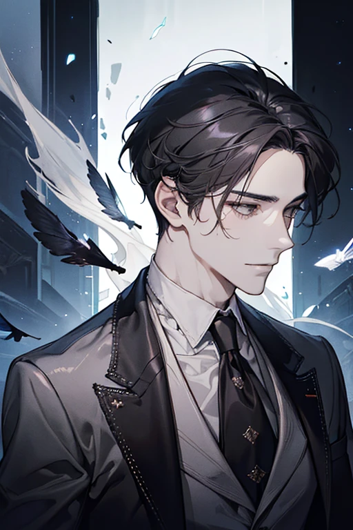 (Pieces fly), (highest quality), Very detailed, ((Two intimate men)), Perfect Face, Beautiful Face, Very detailed顔,(Black Haired Man:1.3),(Grey-haired man:1.3),suit,shirt,smile