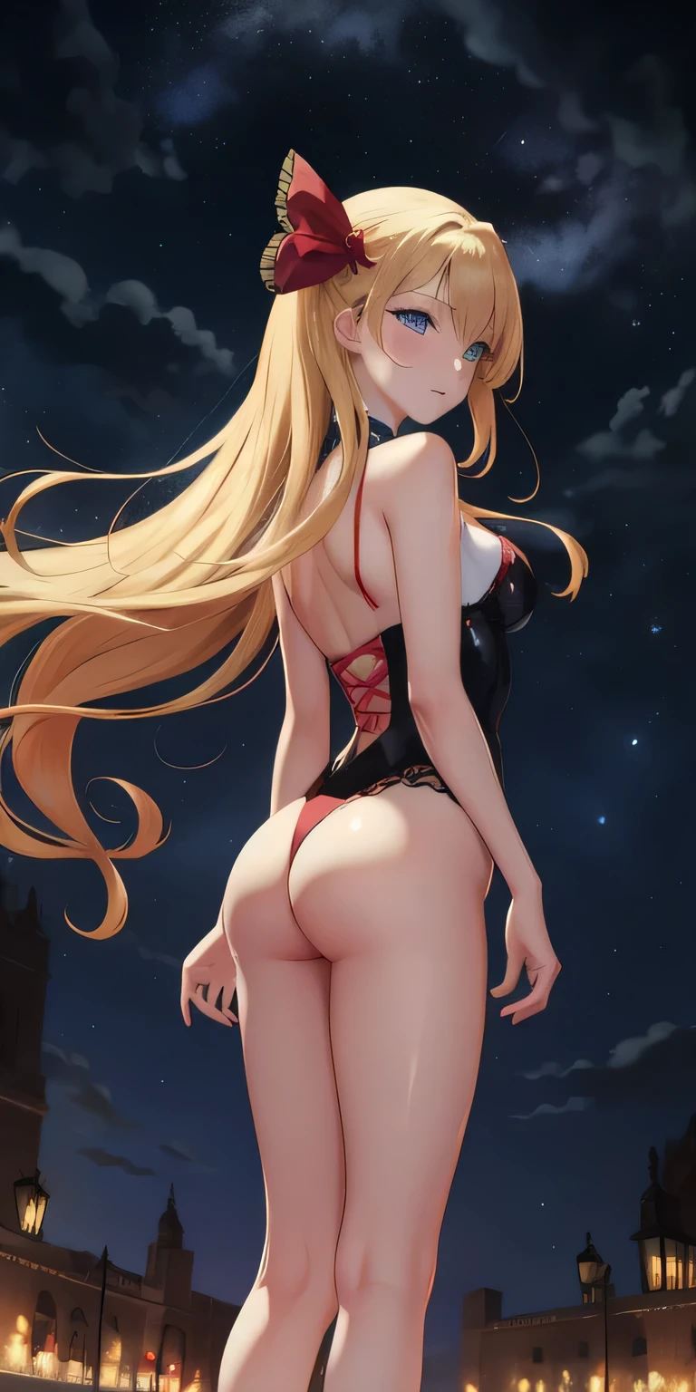 (work of art), (masterpiece), (best quality), a blonde girl, (blue eyes), wearing nothing, brightly lit night city background, red bow, butterflies in golden circle, flowing hair , but g , full figure head to toes , standing beside poles , showing beautiful backside, backside long legs, thighshiges