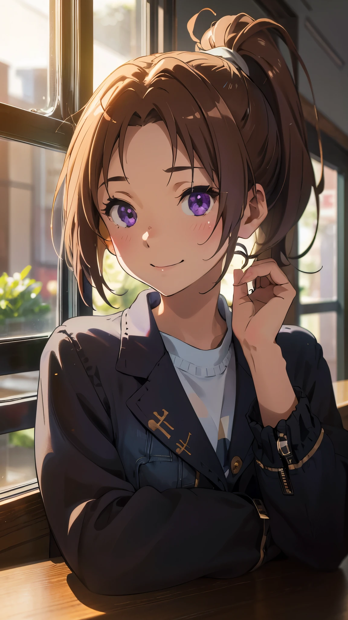 Jacket, (tableトップ), (highest quality),One Girl, nice, (Perfect Face), Sitting,comfortable, Calm, Upper body close-up、Happy, smile, Expressive eyes, cute, wood, table,  nature, ponytail, Purple eyes, coffee shop, Trace Light,Modern, Backlight, bright, colorful