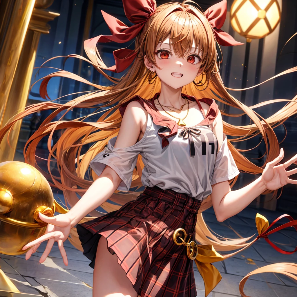 Red, brown, gold, gold hair、Golden Eyes、Hair tied up、One good looking girl、solo、anime、Checkered mini skirt、Ruffles on the skirt、camisole、camisole、Lightweight cardigan、Black knee-high socks、Wearing a baseball cap、Wearing a ribbon、Ribbon on waist、Teeth are visible、Sunset sky、Cumulonimbus、Silver coin necklace、shine、From above、Sparks are flying、cave、Cobblestones、Sitting on a rock