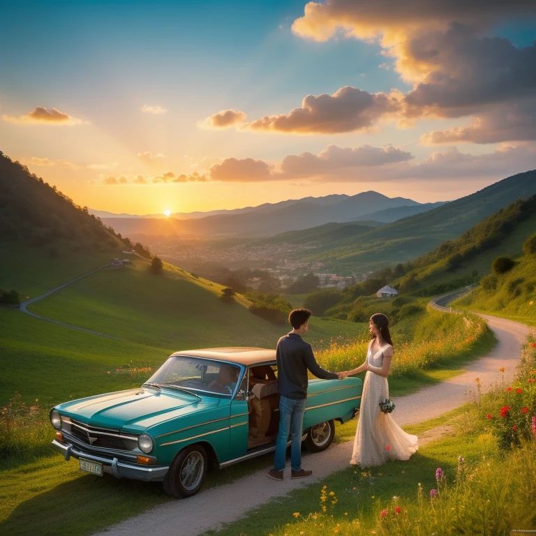 A boy and a girl standing before an old, rustic car against the backdrop of a breathtaking mountain landscape. The mountain peak stretches high into the sky, adorned with lush greenery and vibrant wildflowers. The car, with its worn-out paint and intricate details, sits elegantly amidst the natural beauty. The boy wearing a denim jacket and the girl in a sundress turn to each other with warm smiles, as if starting an exciting journey. The sun sets in the distance, bathing the scene in a soft golden glow, creating shadows that accentuate every detail. In this illustration, the use of warm colors and sharp focus brings the image to life, immers