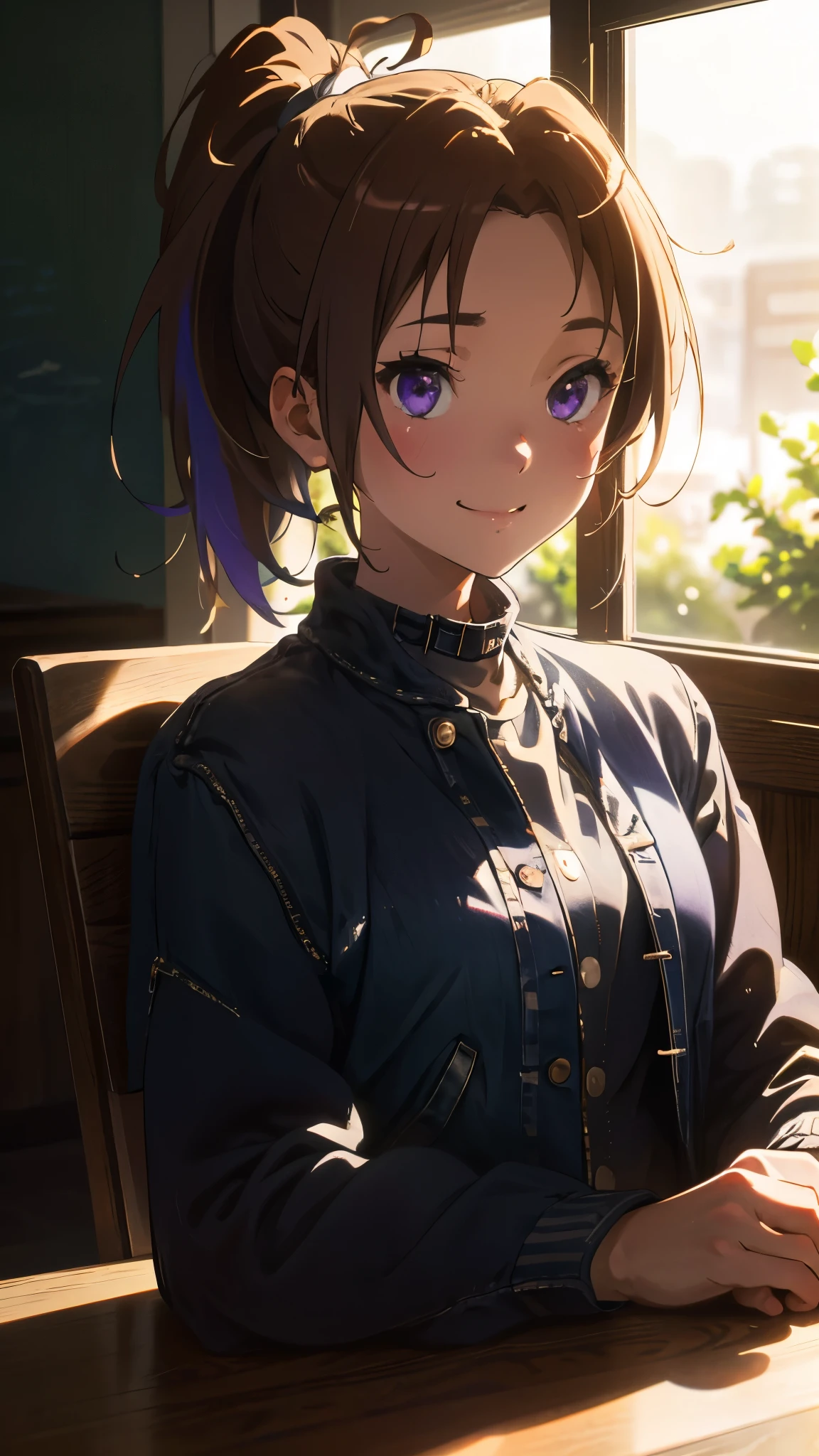 Jacket, (tableトップ), (highest quality),One Girl, nice, (Perfect Face), Sitting,comfortable, Calm, Upper body close-up、Happy, smile, Expressive eyes, cute, wood, table,  nature, ponytail, Purple eyes, coffee shop, Trace Light,Modern, Backlight, bright, colorful