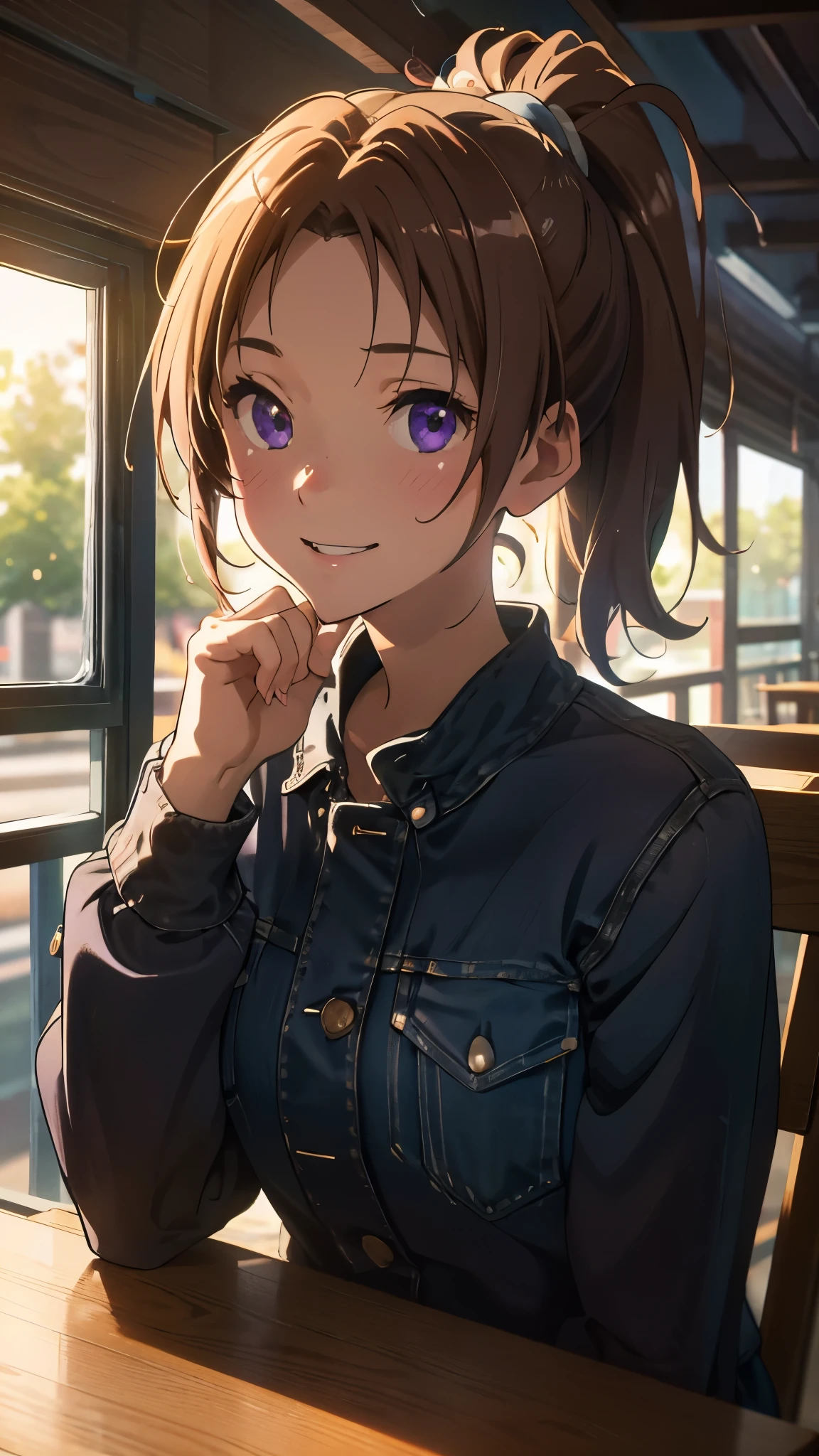 Jacket, (tableトップ), (highest quality),One Girl, nice, (Perfect Face), Sitting,comfortable, Calm, Upper body close-up、Happy, smile, Expressive eyes, cute, wood, table,  nature, ponytail, Purple eyes, coffee shop, Trace Light,Modern, Backlight, bright, colorful