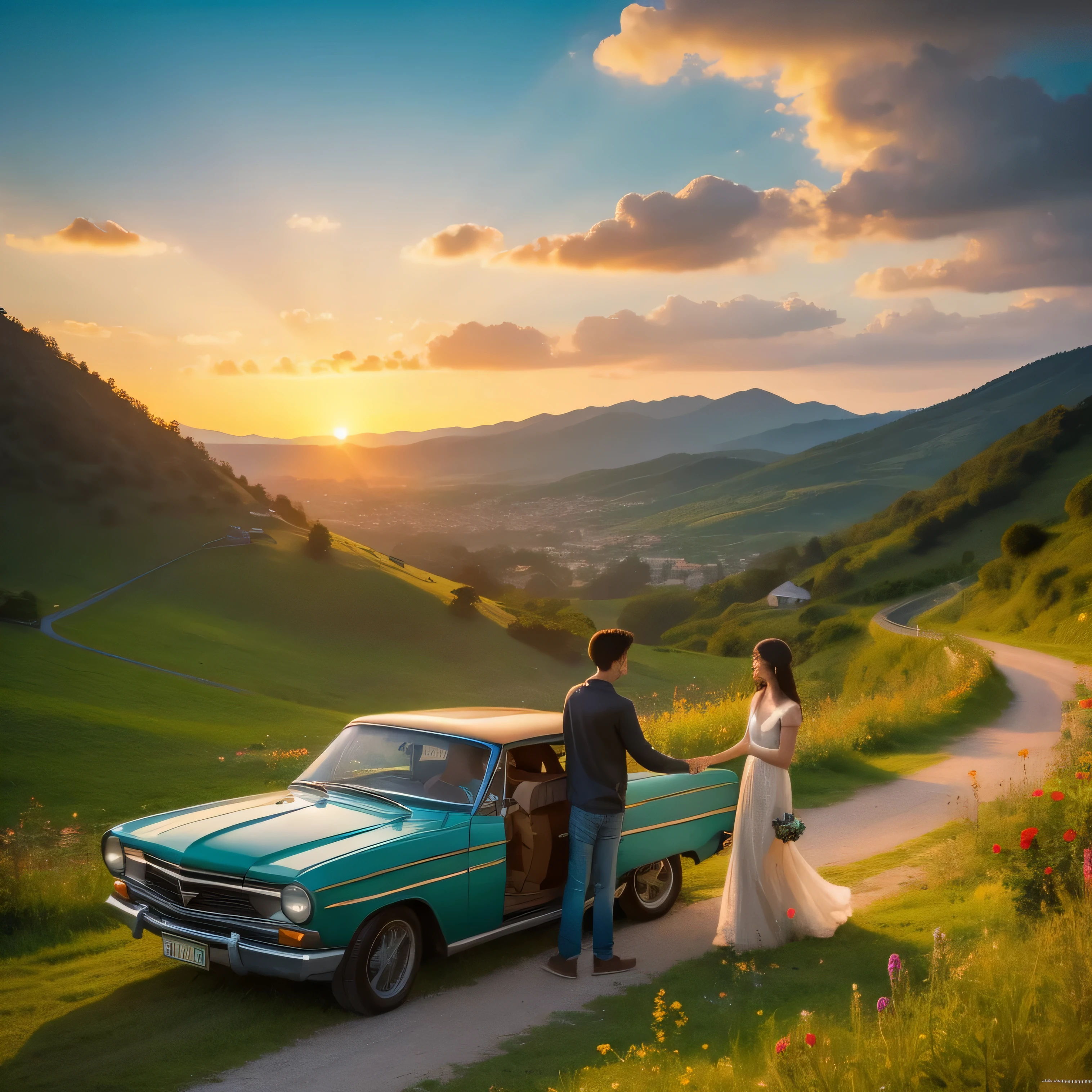 A boy and a girl standing before an old, rustic car against the backdrop of a breathtaking mountain landscape. The mountain peak stretches high into the sky, adorned with lush greenery and vibrant wildflowers. The car, with its worn-out paint and intricate details, sits elegantly amidst the natural beauty. The boy wearing a denim jacket and the girl in a sundress turn to each other with warm smiles, as if starting an exciting journey. The sun sets in the distance, bathing the scene in a soft golden glow, creating shadows that accentuate every detail. In this illustration, the use of warm colors and sharp focus brings the image to life, immers