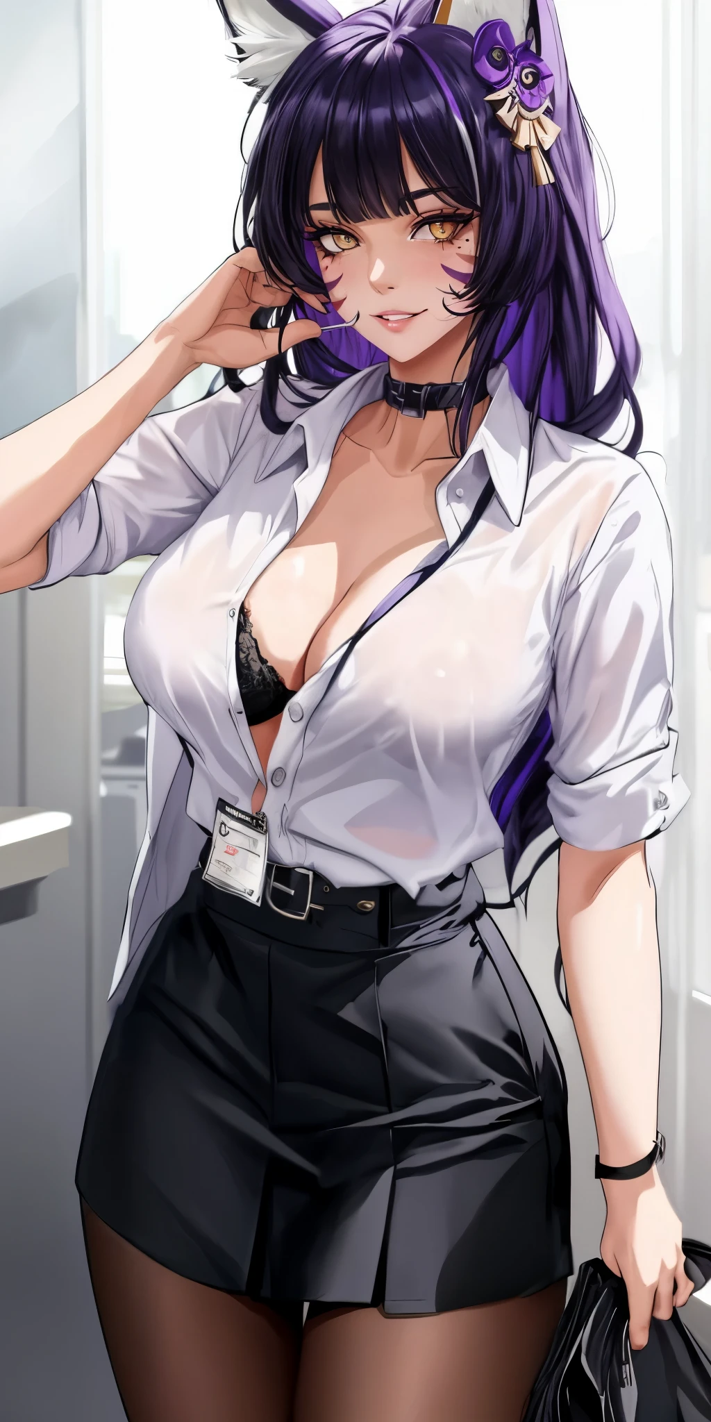 long hir, purple hair, fox ears, hair ornament, yellow eyes, anatomically correct, heavy breathing, mature female, skirt, 1girl, choker, shirt, bra, id_card, breasts, pencil_skirt, pantyhose, black_skirt, white_shirt, black_bra, dress_shirt, collared_shirt, office_lady, large_breasts, blush, open_shirt, miniskirt, "Vector art, Vivid colors, Clean lines, Sharp edges, Minimalist, Precise geometry, Simplistic, Smooth curves, Bold outlines, Crisp shapes, Flat colors, Illustration art piece, High contrast shadows, Technical illustration, Graphic design, Vector graphics, High contrast, Precision artwork, Linear compositions, Scalable artwork, Digital art", sweating, (shaded face:1.2), hollow eyes, beauty mark, yellow eyes, looking at viewer, (heavy breathing:1.2), smirk, upper teeth, lips, glowing eyes, nsfw