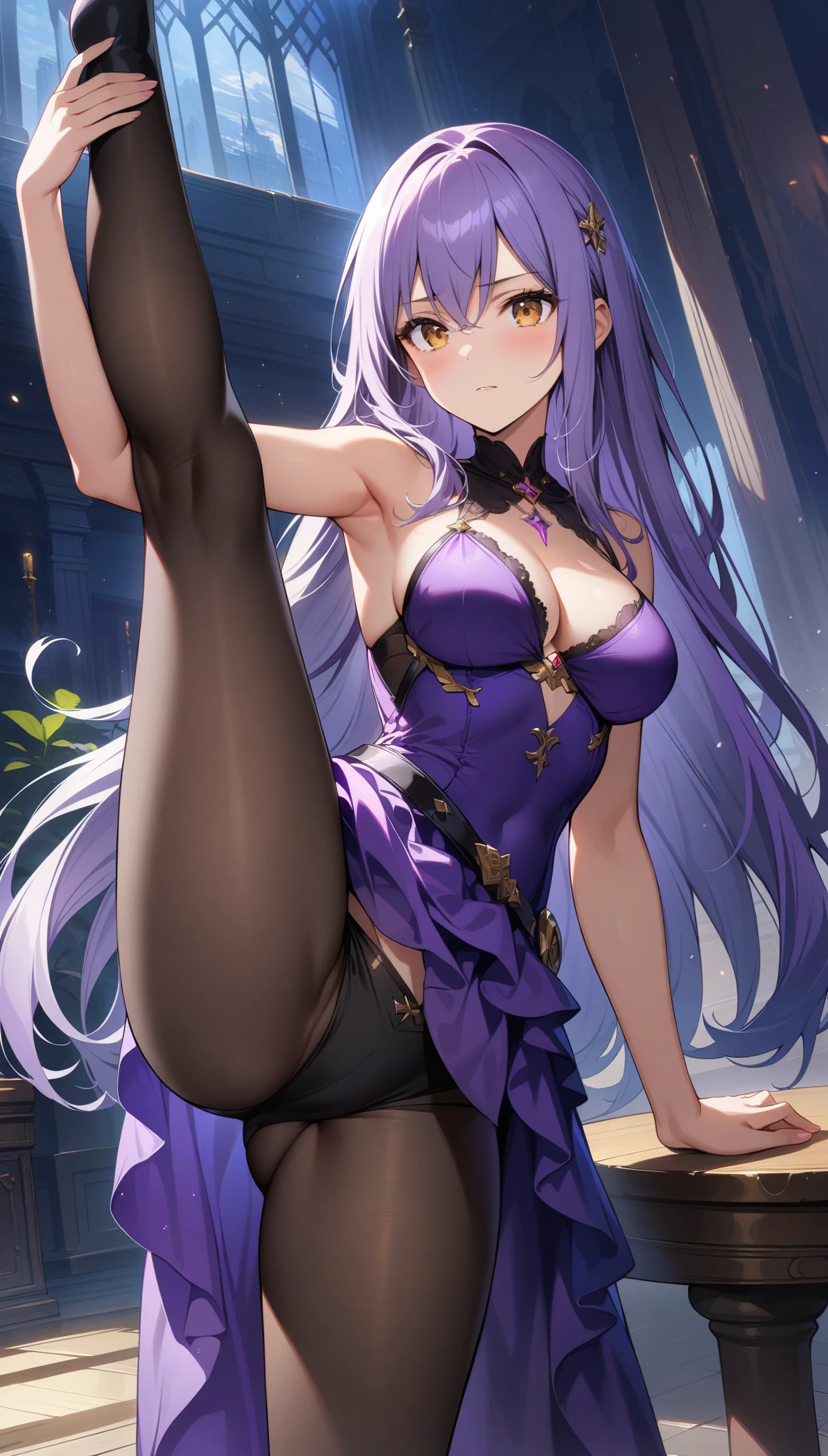 32k, best quality, ultra high res, HDR, UHD, extremely detailed CG, unity 32k wallpaper, (masterpiece, highest quality:1.2), 1 Girl, alone,Are standing_Split, Long Hair, Purple Hair, purple dress, black spats,