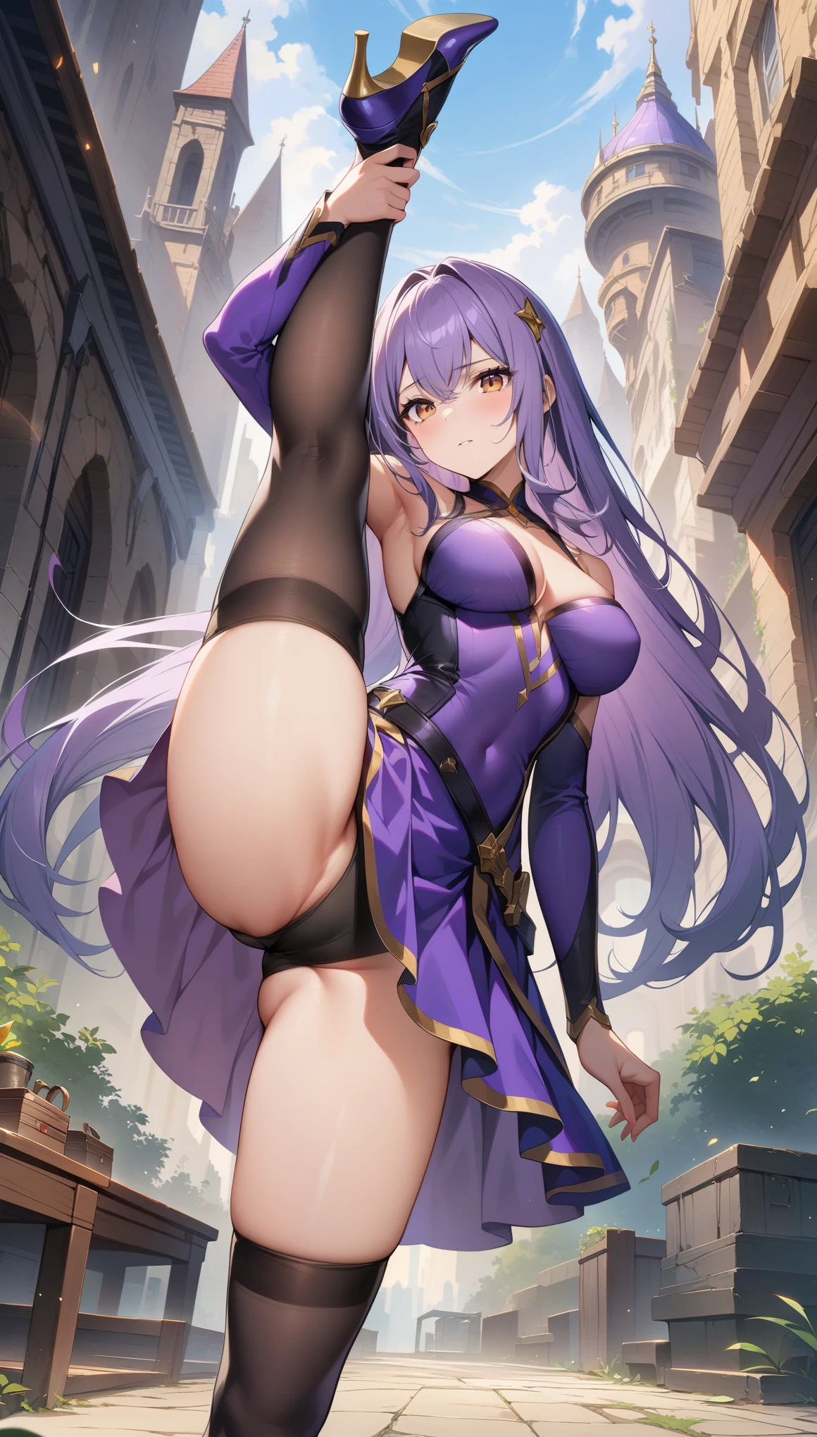 32k, best quality, ultra high res, HDR, UHD, extremely detailed CG, unity 32k wallpaper, (masterpiece, highest quality:1.2), 1 Girl, alone,Are standing_Split, Long Hair, Purple Hair, purple dress, black spats,