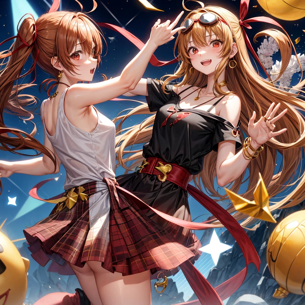 Brown, red, gold, golden hair、Red eyes、One good looking girl、solo、anime、Checkered mini skirt、Black camisole、Black T-shirt、hoodie、Wearing a ribbon、Ribbon on waist、Crystal Earrings、treasure石のネックレス、Light and shadow、Tilting face、Teeth are visible、Marble pillar、The floor is reflecting、Kind Face、Kuroko、treasure、wearing goggles on head