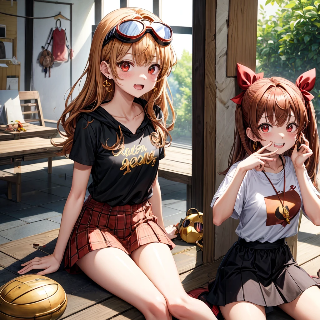 Brown, red, gold, golden hair、Red eyes、One good looking girl、solo、anime、Checkered mini skirt、Black camisole、Black T-shirt、hoodie、Wearing a ribbon、Ribbon on waist、Crystal Earrings、treasure石のネックレス、Light and shadow、Tilting face、Teeth are visible、Marble pillar、The floor is reflecting、Kind Face、Kuroko、treasure、wearing goggles on head