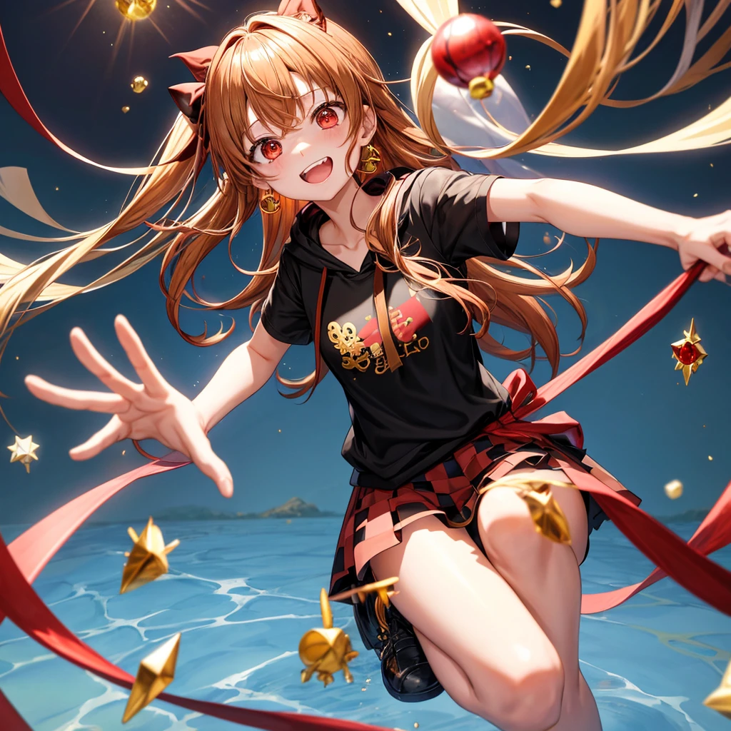 Brown, red, gold, golden hair、Red eyes、One good looking girl、solo、anime、Checkered mini skirt、Black camisole、Black T-shirt、hoodie、Wearing a ribbon、Ribbon on waist、Crystal Earrings、treasure石のネックレス、Light and shadow、Tilting face、Teeth are visible、Marble pillar、The floor is reflecting、Kind Face、Kuroko、treasure、wearing goggles on head