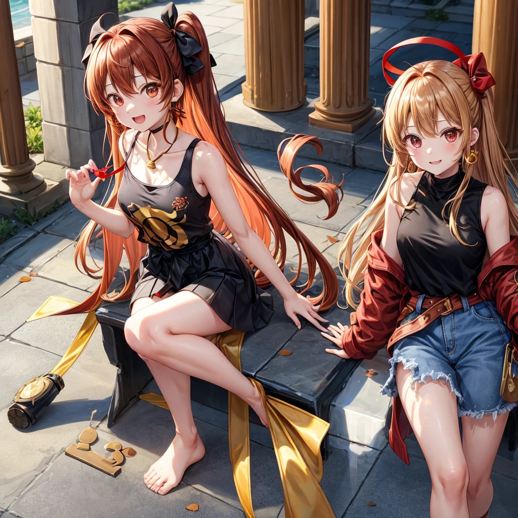 Brown, red, gold, golden hair、Red eyes、One good looking girl、solo、anime、Checkered mini skirt、Black camisole、Black T-shirt、hoodie、Wearing a ribbon、Ribbon on waist、Crystal Earrings、treasure石のネックレス、Light and shadow、Tilting face、Teeth are visible、Marble pillar、The floor is reflecting、Kind Face、Kuroko、treasure、wearing goggles on head