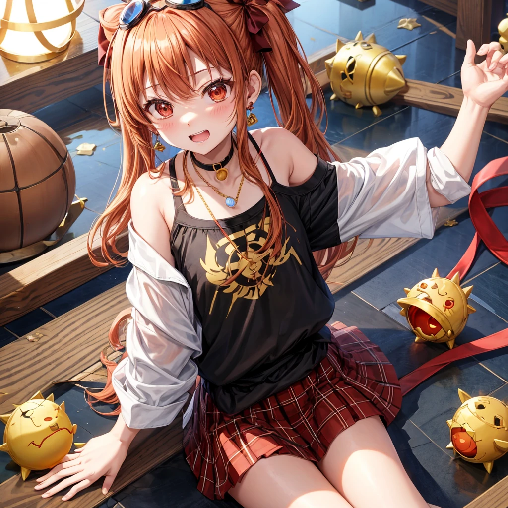 Brown, red, gold, golden hair、Red eyes、One good looking girl、solo、anime、Checkered mini skirt、Black camisole、Black T-shirt、hoodie、Wearing a ribbon、Ribbon on waist、Crystal Earrings、treasure石のネックレス、Light and shadow、Tilting face、Teeth are visible、Marble pillar、The floor is reflecting、Kind Face、Kuroko、treasure、wearing goggles on head