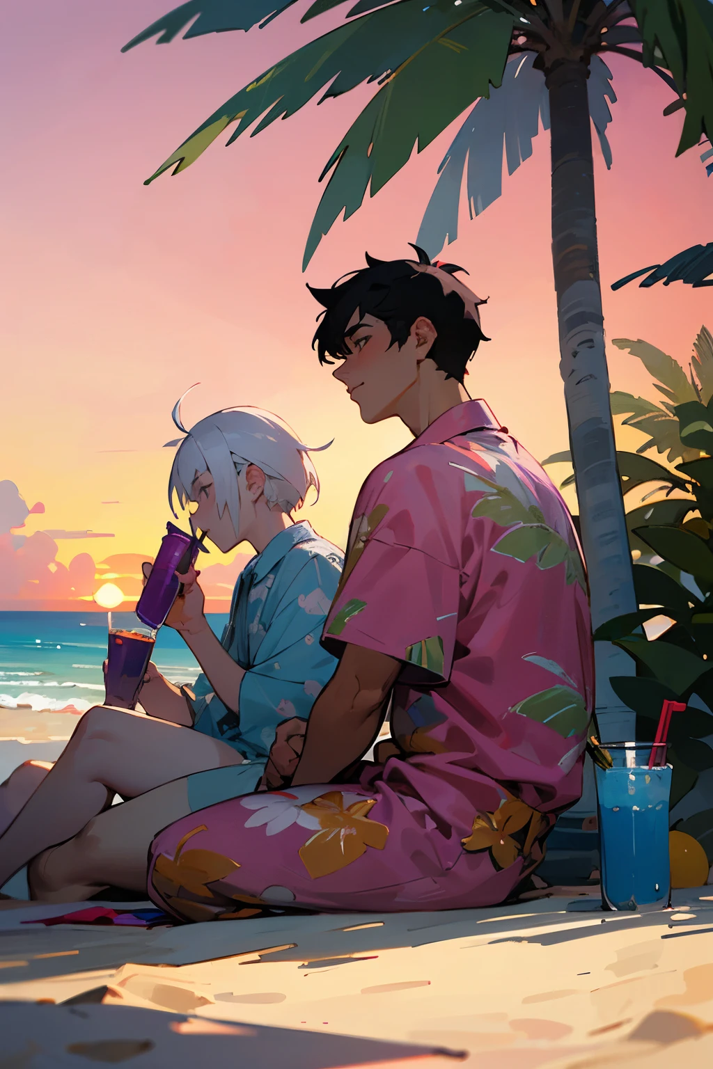 ((Best quality)), ((masterpiece)), (detailed), perfect face, 3 men, hawaiian shirts, coconut drinks in hands, Man with white hair, Man with black hair, man with purple hair, joy, beach, rest, Hawaii, sea, Sun, sand, palm trees, Pink sunset, Gays, summer