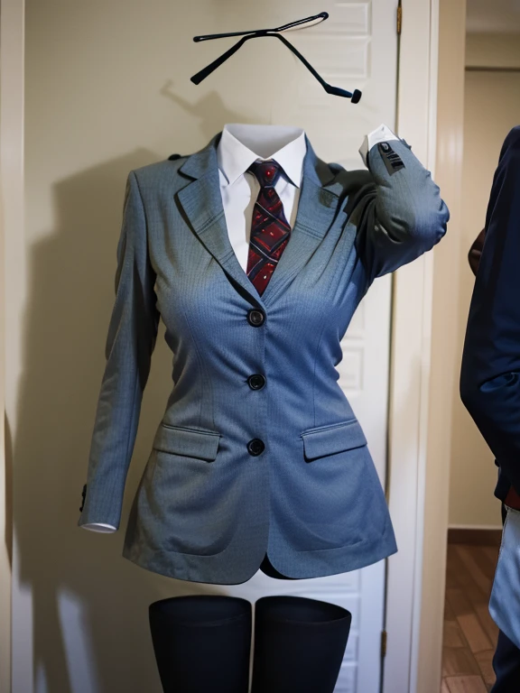 In the classroom, blazer, Striped tie, Checked skirt, (can not see, No humans, Headless, Faceless:1.5), Cute big tits