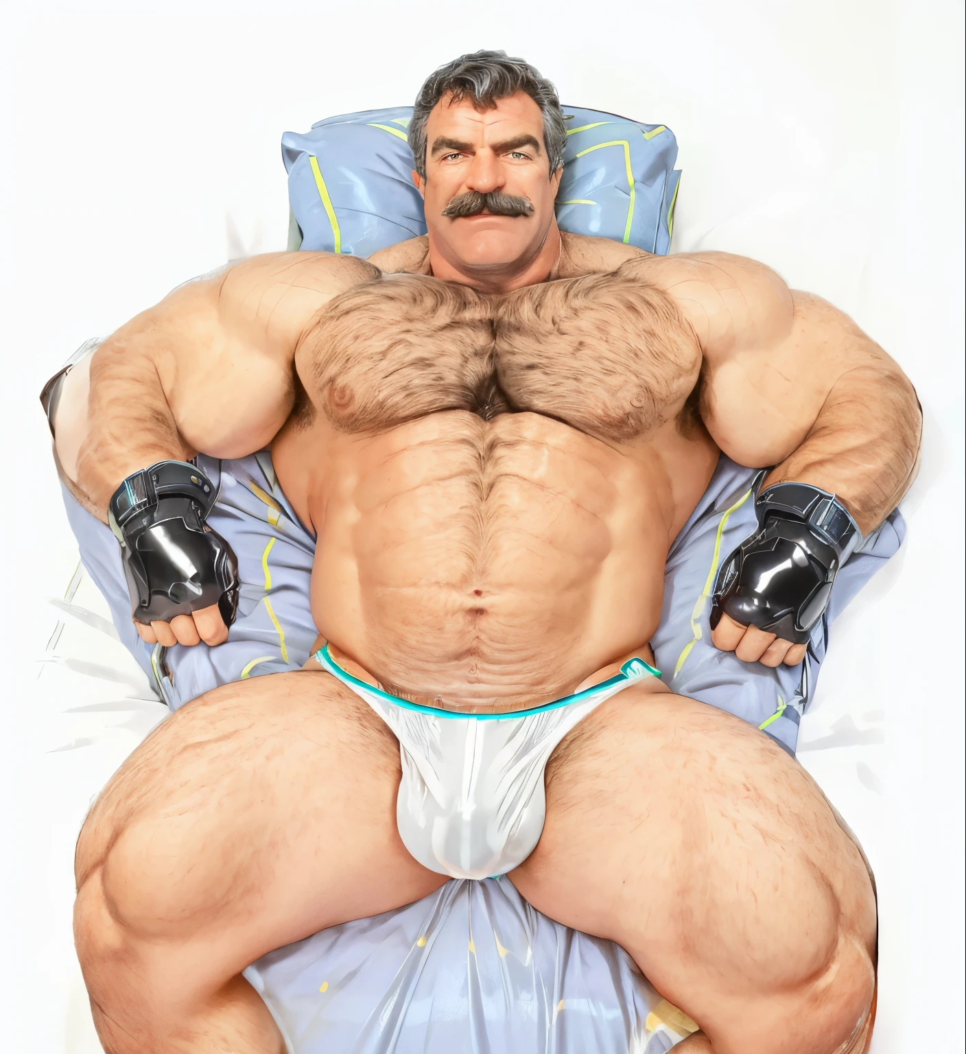 full body portrait, strong burly hairy mature older man(space captain), wearing futuristic captain's uniform insignia (neon and black) (open and revealing) (latex) , gray hair, broad shoulders, round belly, thick feet, bulging micro thong, barefoot, scifi spaceship captain uniform, neon lights, best quality elegant masterpiece, face looks like Tom Selleck (Magnum PI) , military buzzcut, dark mustache, gray stubble, latex, wearing a latex thong, big bulging crotch, futuristic gear equipment, wearing see through plastic chest armor (neon yellow and electric blue), wearing neon yellow see through chest armor, wearing electric blue latex chaps(see-through) , wearing cool neon sneakers,in spaceship cockpit, lying in spaceship sleeping quarters(bed) (view from above), smiling with teeth showing, nicebulge, waiting in bed, glowing armor, legs up(!) and spread(!) , big muscle ass, wet and dripping ass, visible asshole(!) , wet asshole, hairy pecs, thick long legs, silver hair