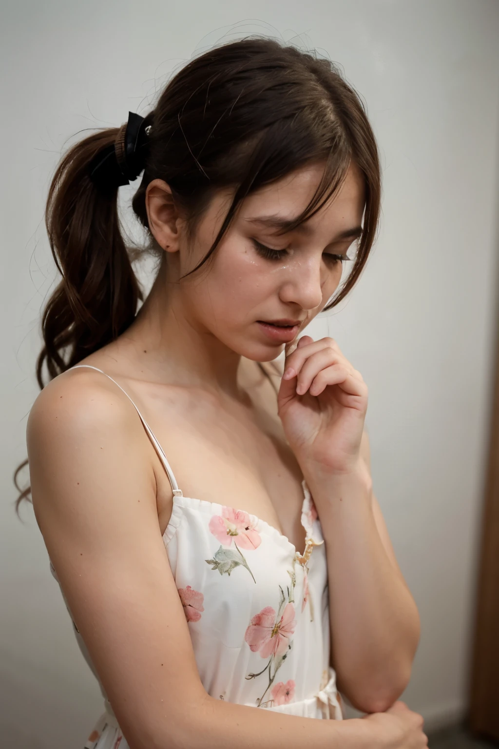 ((best quality)), girl, dressed with a long flowered dress with cute ruffles, crying as another girl without face, tries to take her face