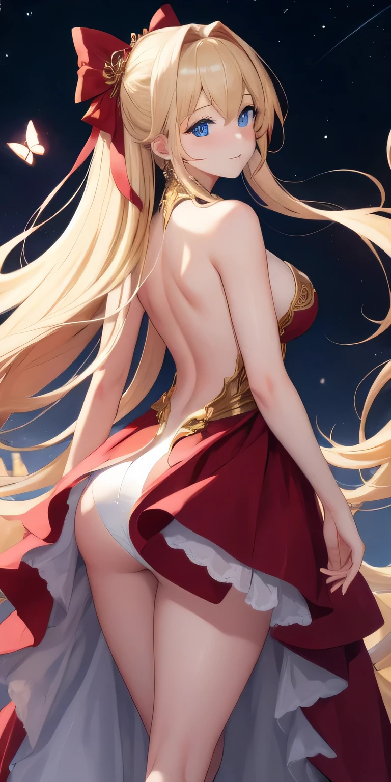 (work of art), (masterpiece), (best quality), a blonde girl, (blue eyes), wearing nothing, brightly lit night city background, red bow, butterflies in golden circle, flowing hair , but g , full figure head to toes , standing beside poles showing backside, beautiful back, beautiful cute smile