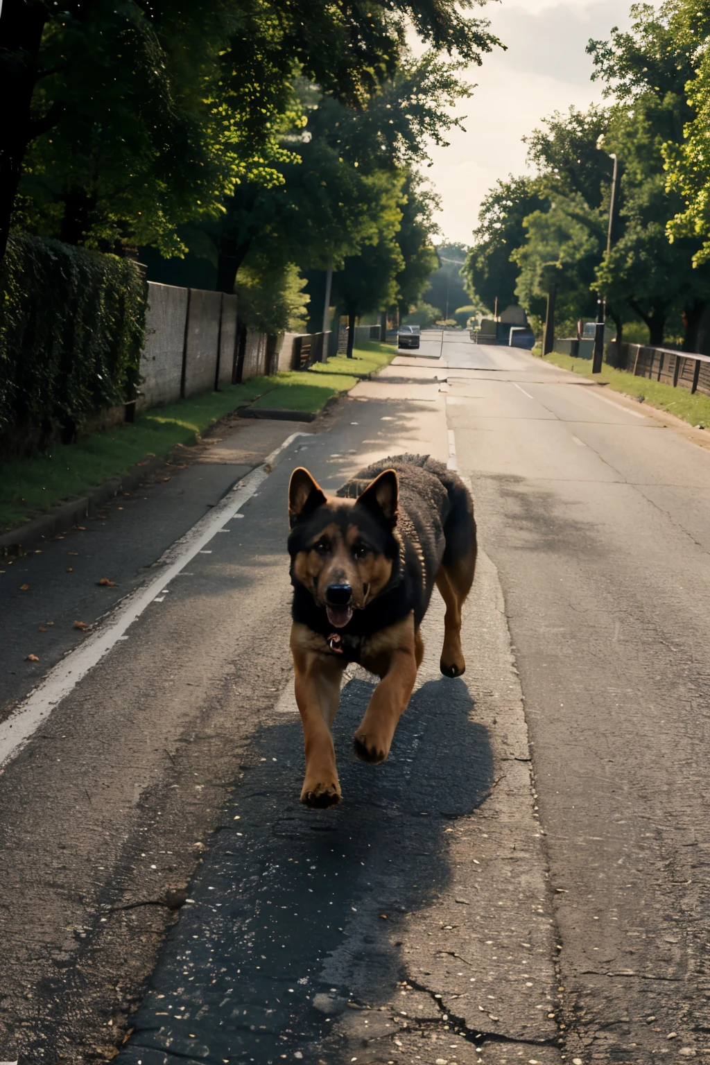 A realistic photo of a German Shephard dog running on a road