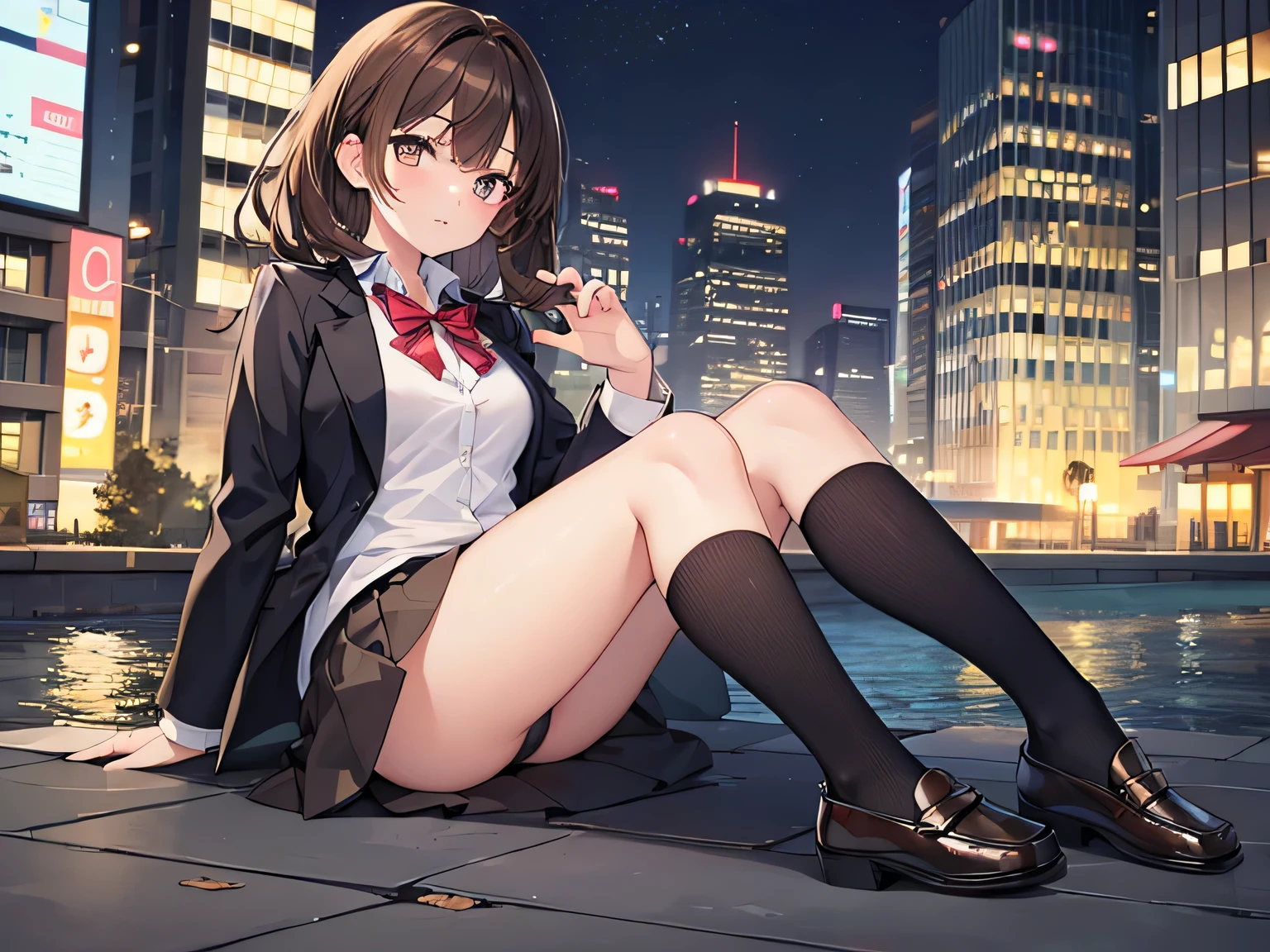 (Masterpiece, top quality, high resolution, realistic photo, realistic looking skin:1.1),
(The woman is lurking in a business district at night:1.5),
(She is mensch and expressionless: 1.5),
(She is wearing a high blazer and a mini-skirt: 1.8),
(She wears baggy socks: 1.8),
(She is wearing black loafers: 1.8),
(Her skirt is so short you can almost see her panties: 1.5),
(She has medium brown hair: 1.5),
(Location: business district at night: 1.5),
1 Japanese girl, solo, full bodied esbian, beautiful eyes, glowing eyes, glowing thighs, NSFW