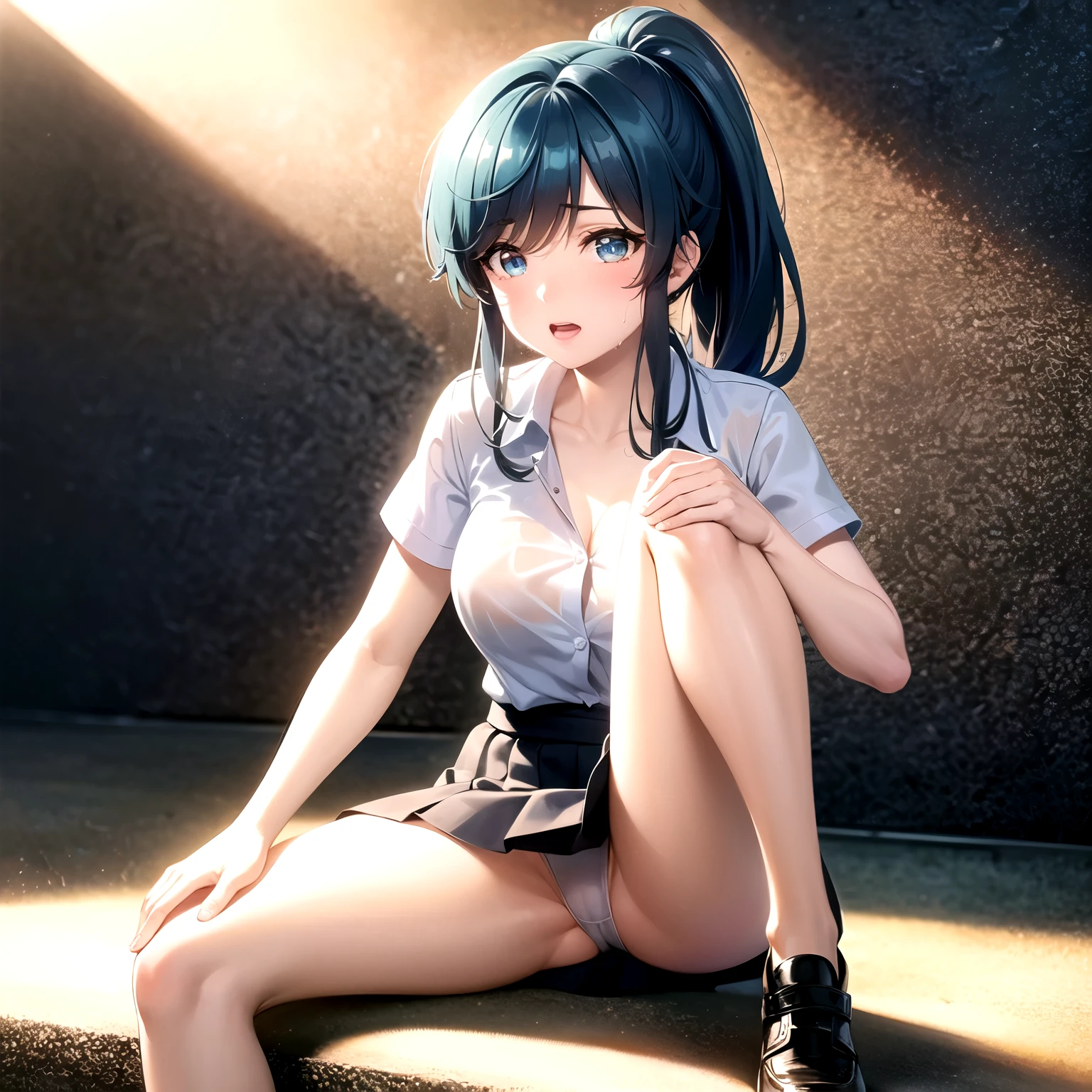 As a matter of fact, 1 woman, 8K resolution, ponytail, brown eyes, glowing eyes, white short skirt, Blush, during the day, sunlight, strapless, Wet from the rain, break through, Sit with your knees raised., Spread your legs, tits, pussy, , cry, the skirt is turned up、highest quality, High resolution, (detailed and beautiful eyes:1.6), highly detailed face, perfect lighting, Very detailed CG, (perfect hands, perfect anatomy), minami nanami,